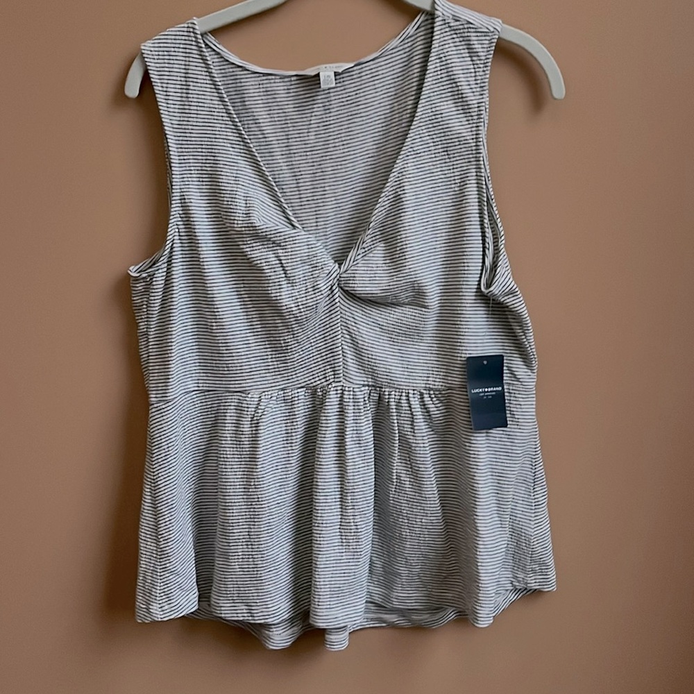 Lucky Brand Gray and White Striped Twist-Front Tank Top